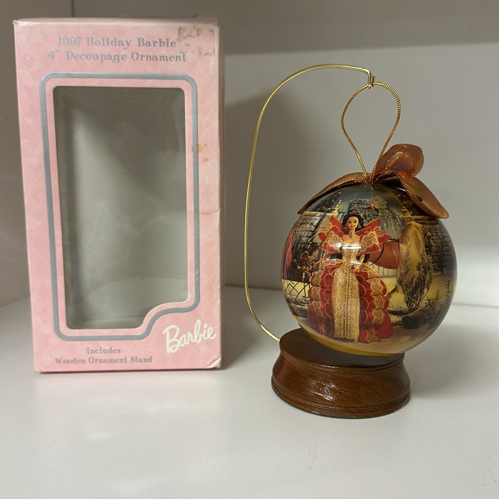 Barbie Vintage 1997 Holiday Decoupage Bulb Ornament With Wood Stand